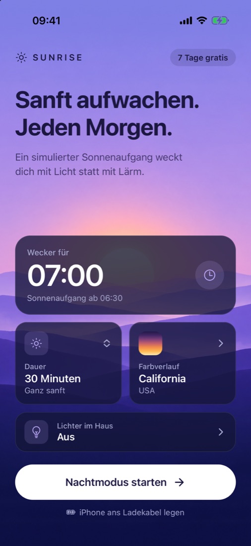 Sunrise Alarm Startbildschirm